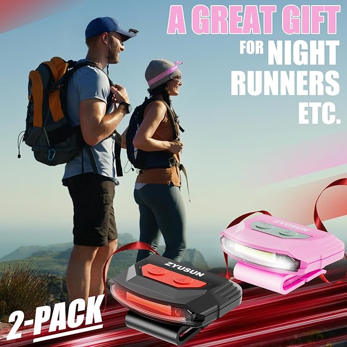 2-Pack Rechargeable Cap Light,Portable headlamps,Clip on Hat with Motion Sensor,Lightweight IPX4 Waterproof,Night Vision LED Lights for Hunting Fishing Camping Hiking Cycling (Pink+Red)