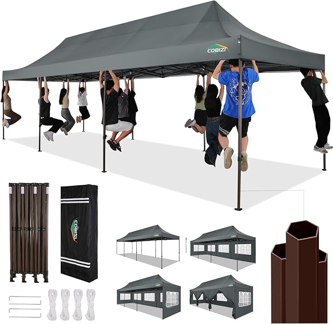 COBIZI Heavy Duty 10x30 Party Tent, Commercial 10x30 pop up Canopy for Parties Waterproof Gazebos with 8 Sidewalls, All Season Wind & Waterproof UPF50+,Stable Thickened Frame