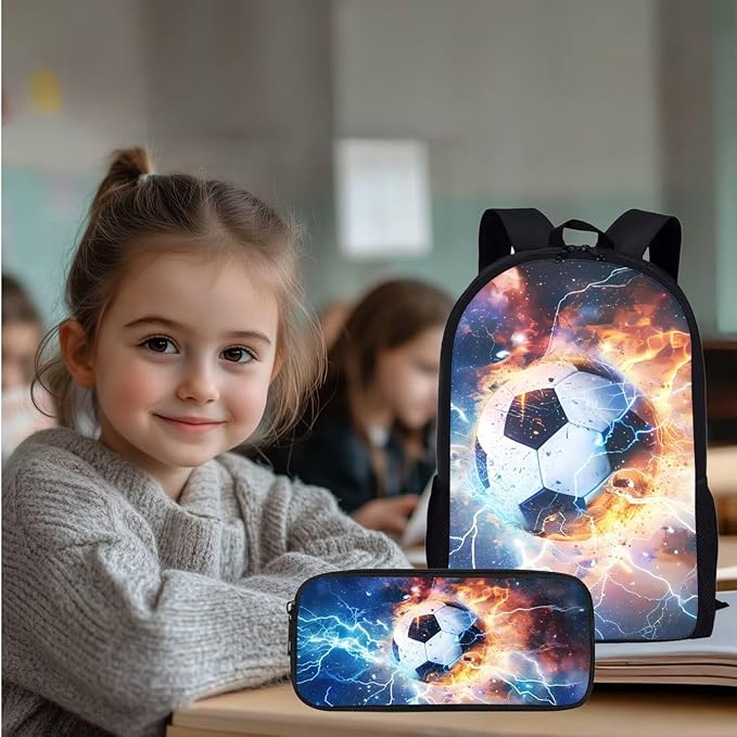 Football School Backpack Set,4 in 1 Soccer SchoolBag with Lunch Box for Teen Boys 8-12 Years Old Primary Middle Student Camping Travel Daypack with Adjustable Strap
