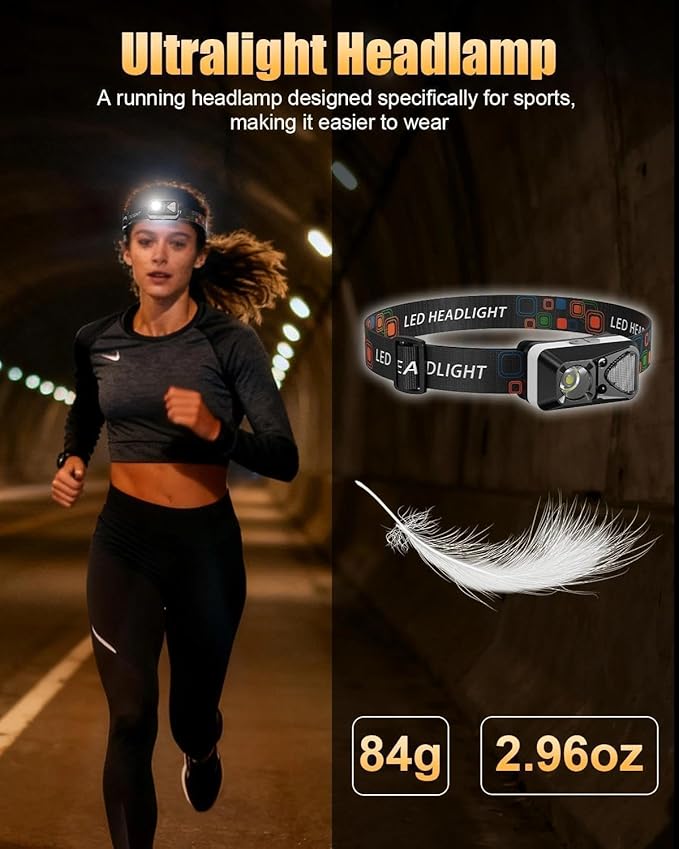 LED Headlamp Rechargeable with Motion Sensor, Ultralight Bright Headlight with White Red Light Waterproof 6 Modes for Outdoor Camping Running Hard Hat Fishing Repair, 1 Pack