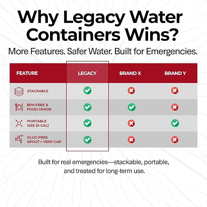 Emergency Water Storage Containers 10 Gallon, Long Term 5 Gallon Water Tank - 2 Stackable Food Grade Tanks Included, for Camping, Prepping, Survival - 10 Gallon Total Capacity