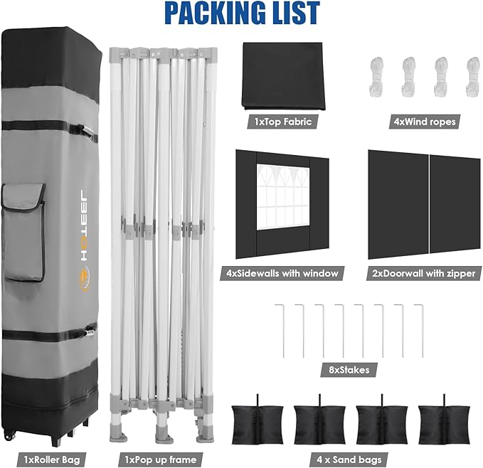 HOTEEL 10x20 Heavy Duty Pop up Canopy Tent with 6 Sidewalls, Easy Setup Outdoor Commercial Instant Tent for Parties Wedding Event, with Roller Bag & Sand Bags, Black(Hexagonal Frame)