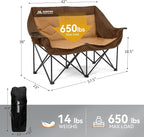 Double Camping Chairs for Adults Oversized Loveseat - 2 Person Camping Chair Heavy Duty Outdoor Camping Couch with Cup Holders - Portable Folding Chair for Outside Lawn, Brown