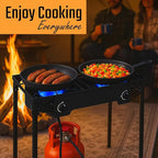 2 Burner Propane Gas Stove, 150,000 BTU Outdoor Camping Cooker with Removable Legs, 0–20 PSI Regulator & Hose, Heavy-Duty Cast Iron Double Burner for BBQ, Frying, and Boiling