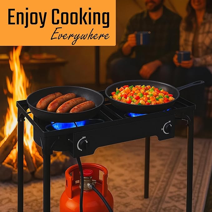 2 Burner Propane Gas Stove, 150,000 BTU Outdoor Camping Cooker with Removable Legs, 0–20 PSI Regulator & Hose, Heavy-Duty Cast Iron Double Burner for BBQ, Frying, and Boiling