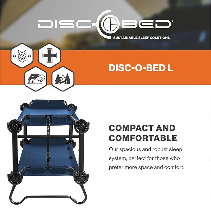 Disc-O-Bed Large Outdoor Convertible 2 Person Bench and Double Camping Cot Portable Bed Bunk System for Adults, Navy