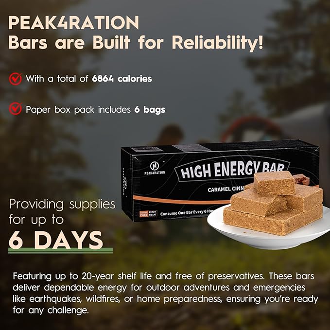 PEAK4RATION High Energy Bar | Compact Compressed Food Bar - Caramel Cinnamon 6864kcal | Long Shelf-Life Emergency Food Ration - 6 Day Package 1.5kg (6x250g Box) | Survival Preparedness Food Bar for Outdoor Camping, Crisis, Earthquake, Wildfire, Home Pr...