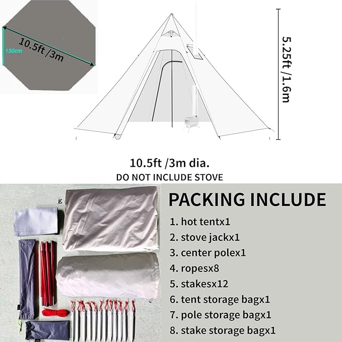 DANCHEL OUTDOOR Backpacking Hot Tent with Stove Jack, 4 Season Lightweight Tipi Tent for 2/4/6 Person Winter Camping Hunting, 10.5FT-16.4FT