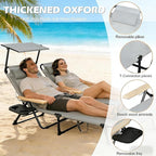 Folding Outdoor Chaise Lounge Chair with 360°Shade, 4 Position Portable Sun Tanning Chair with Headrest, Foldable Beach Lounge Chair with Cup Holders & Wooden Armrests for Patio Pool Lawn (Grey-B)