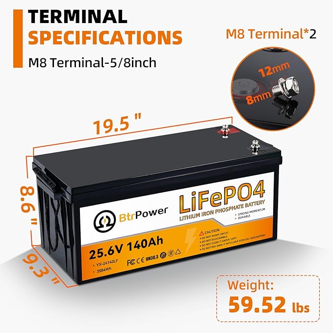 24V 140Ah LiFePO4 Battery, Built-in 100A BMS,3584Wh Lithium Battery,4000-15000 Deep Cycles & 10-Year Lifetime, Perfect for Marine, RV, Marine, Trolling Motor, Solar Off-Grid System