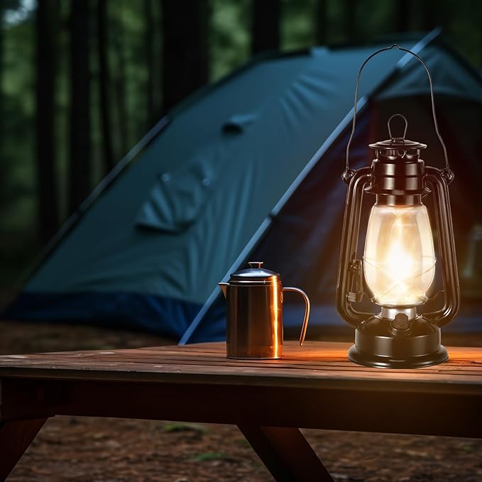 Hortsun 6 Pcs 12 Inch Vintage LED Hurricane Lantern Metal Black Outdoor Battery Operated Hanging Lantern with Warm LEDs and Dimmer Switch for Indoor Rustic Farmhouse Country Camping Decor