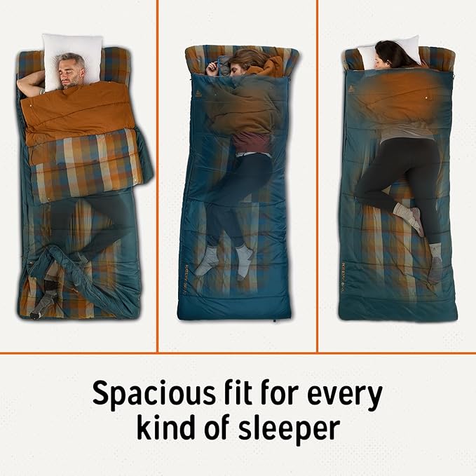 Kelty Wayback Flannel Lined Sleeping Bag, Built in Blanket, Traditional Rectangle Shape, Organic Flannel Cotton Liner, Dual Locking Slide Zips