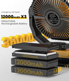 36000mAh Portable Camping Fan - 150HRS Rechargeable Fan with Detachable Battery with LED & Remote - 4 Speeds Battery Powered for Tent,Travel, Office, Jobsite