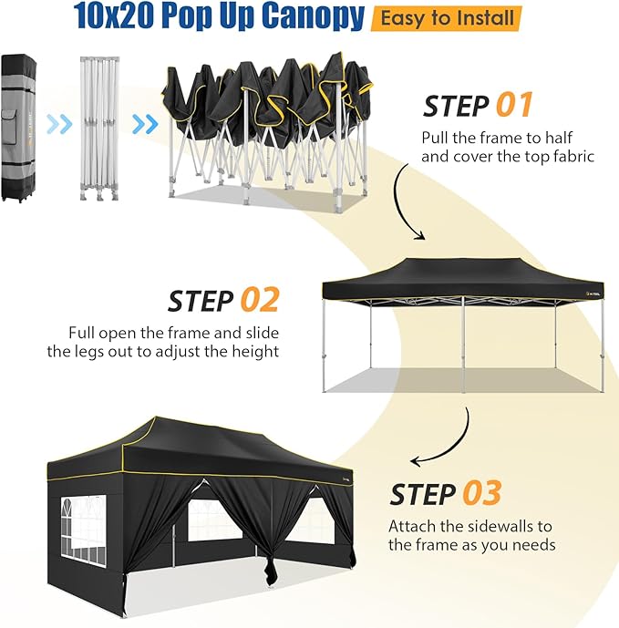 HOTEEL 10x20 Heavy Duty Pop up Canopy Tent with 6 Sidewalls, Easy Setup Outdoor Commercial Instant Tent for Parties Wedding Event, with Roller Bag & Sand Bags, Black(Hexagonal Frame)