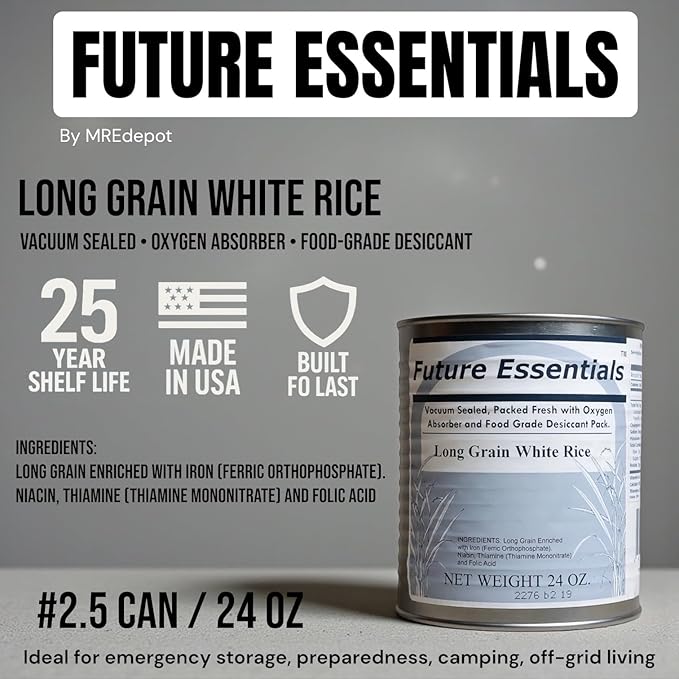 Future Essentials Long Grain White Rice – USA Grown, Uncooked White Rice with 25-Year Shelf Life – Shelf-Stable, Vacuum-Sealed Emergency Food – 24 oz #2.5 Can (Pack of 6)