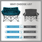 EVER ADVANCED Double Camping Chair for Adults, Padded Folding Camping Love Seat with Side Pocket Portable Camping Couch, Two Person Heavy Duty Folding Outdoor Chair with Cushion,Support 600lbs,Green