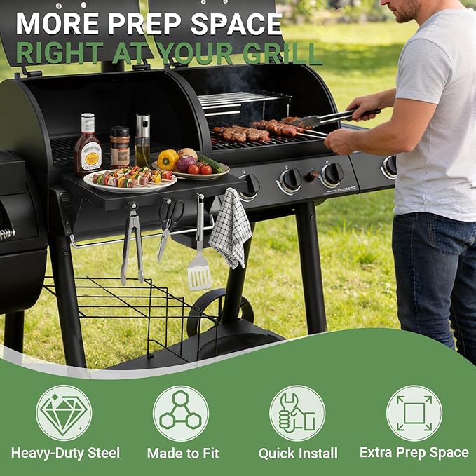 GRISUN Grill Front Shelf for Oklahoma Joe’s Canyon Combo & Longhorn Combo Grill – 16.5" x 5.5" Heavy-Duty Coated Steel BBQ Prep Shelf with 4 Tool Hooks, Front Shelf Replacement Accessory