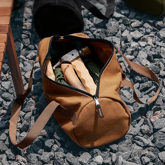 TBACW Canvas Tool Storage Bag with Zipper - Organizer for Tools, Tent Stakes & Poles, Durable Fabric Utility Pouch for Outdoor Hunting Hiking Camping Gear (Khaki)