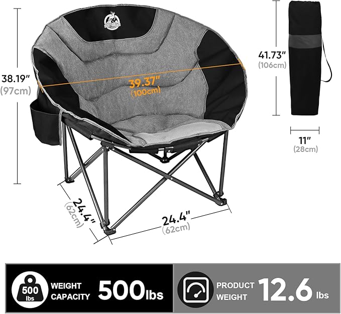 Northroad XXL Camping Moon Chair,Oversized Round Chair,Folding Padded Saucer w/Side Pocket,500lbs Capacity for Outdoor Hiking Fishing Picnic Lawn,Black&Grey
