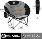 Northroad XXL Camping Moon Chair,Oversized Round Chair,Folding Padded Saucer w/Side Pocket,500lbs Capacity for Outdoor Hiking Fishing Picnic Lawn,Black&Grey