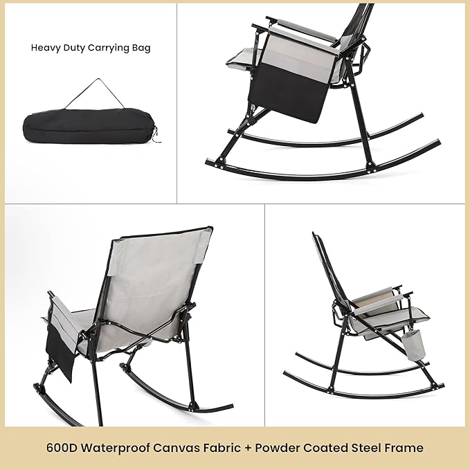 ARROWHEAD OUTDOOR Foldable Rocking Camp Chair with Large Cup Holder, Side Pocket, Space-Saving Folding, Enhanced Swinging Rocker for Camping, Fishing, Patio