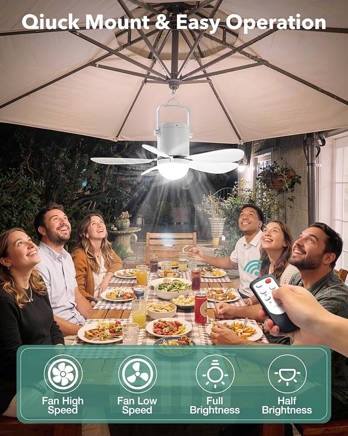 Solar Ceiling Fan Light, Battery Operated Camping Fan with Remote Contorl & 20W Portable Foldable Solar Panel, Rechargeable Gazebo Fan Light for Tent Canopy Pergola Travel