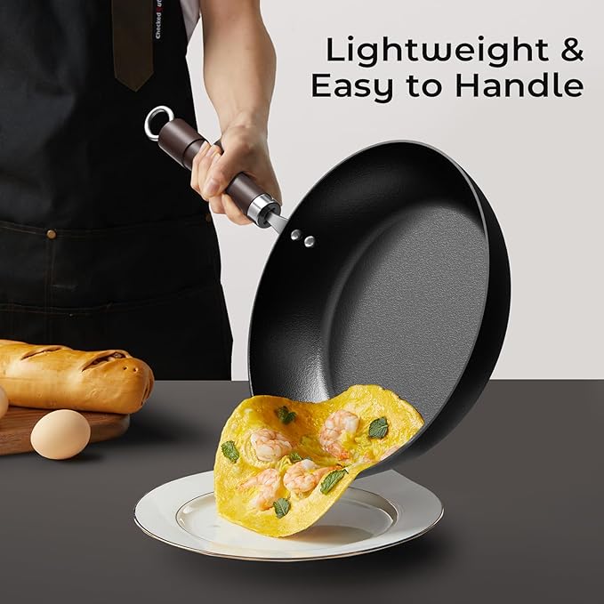 Carbon Steel Frying Pan, Pre-Seasoned 12-Inch Cooking Skillet Wooden Handle, PFAS & PFOA-Free, Nitrided Black Fry Pan for Kitchen, Camping, Chef Use