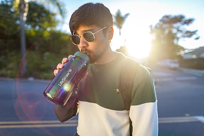 LifeStraw Go Series – BPA-Free Water Filter Bottle for Travel and Everyday use removes Bacteria, parasites and microplastics, Improves Taste, 1L Terrace Green