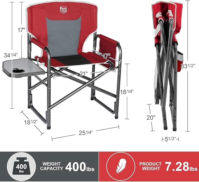 TIMBER RIDGE Lightweight Oversized Camping Chair, Aluminum Directors Chair with Side Table for Outdoor Camping, Lawn, Picnic and Fishing, Supports 400lbs, Red 2PCS