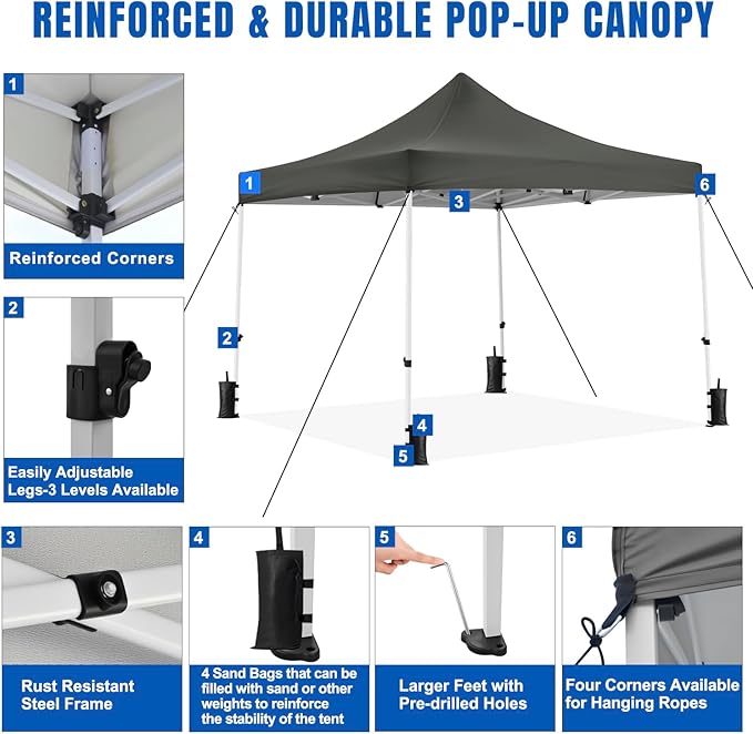 Yesker 10x10 Pop Up Canopy Tent with 4 Sidewalls Portable Folding Outdoor Canopy Easy Setup Gazebo Waterproof Instant Popup Shelter Tent w Wheeled Carry Bag sandbags for Events Parties Camping, Gray
