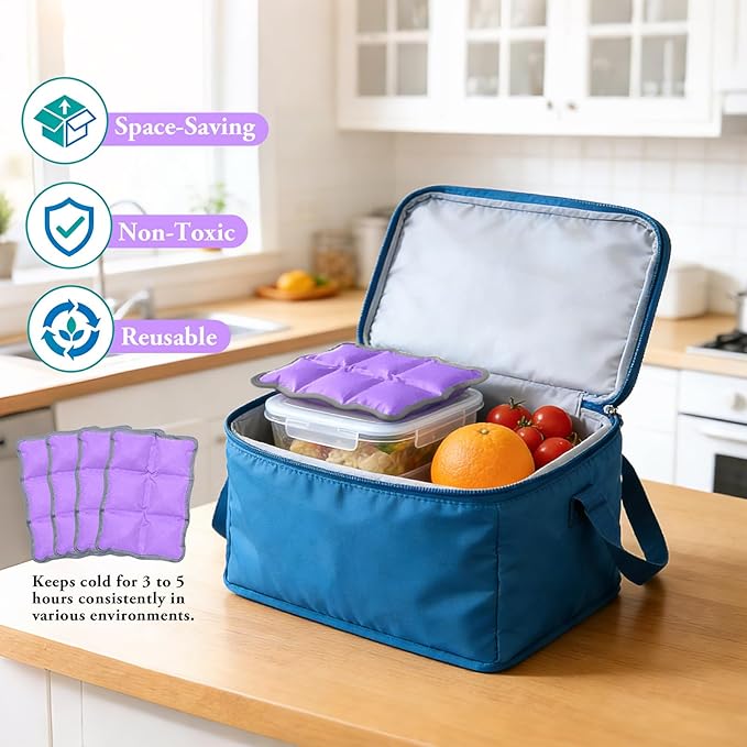 4pcs Reusable Ice Packs for Lunch Boxes & Coolers, (6”x4”x0.7”) Slim Freezer Packs for School Lunch Bags, Small Non-Toxic Cooler for Picnic & Camping