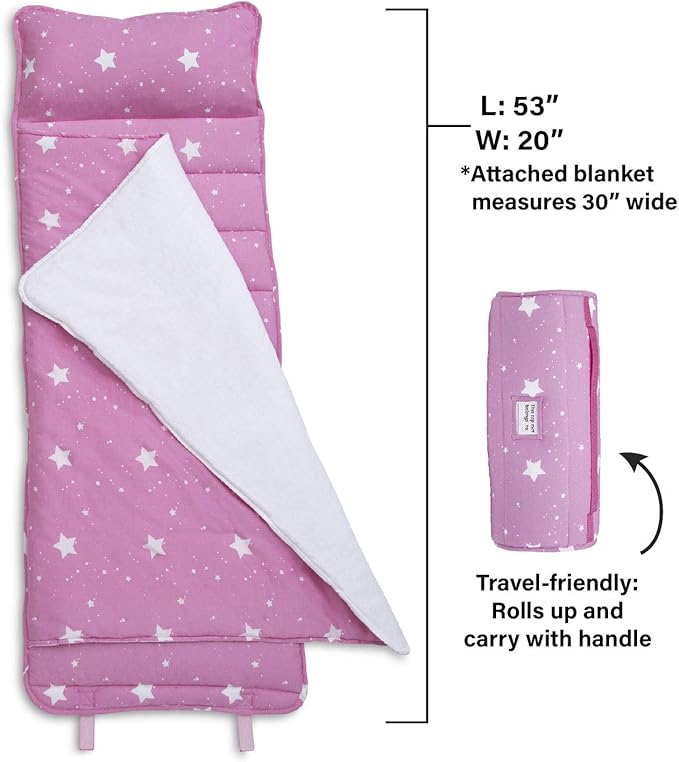Delta Children Nap Mat - Includes Pillow & Blanket for Toddlers and Kids; Features Carry Handle w/Strap Closure and Name Tag; Rollup Design is Ideal for Preschool and Daycare; Personalization Optional