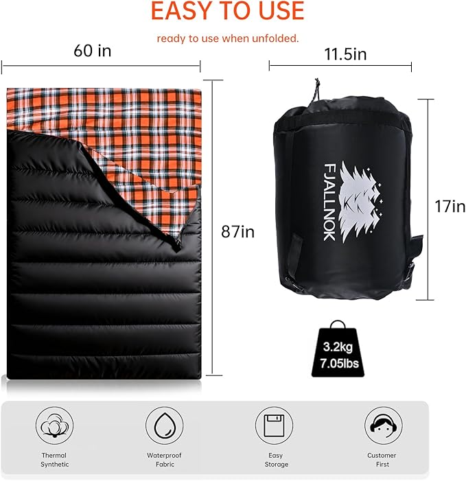 Double Sleeping Bag Cotton Flannel for Camping, Backpacking Or Hiking. Queen Size 2 Person Waterproof Sleeping Bag for Adults Or Teens. Lightweight with Compression Sack