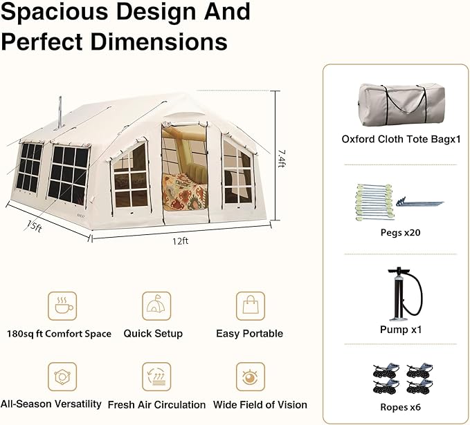 2025 Upgraded Waterproof Inflatable Camping Tent, Large Blow-Up Air Tent, No Assembly Needed Luxury Glamping House, Oxford Fabric