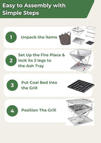 CAMPINGMOON 3 in 1 Portable Fire Pit 12 inch Foldable Stainless Steel Wood Burning Camping Stove BBQ Grill for 3 People Adjustable Height Outdoor Cooking Campfire Carry Bag included MT-035