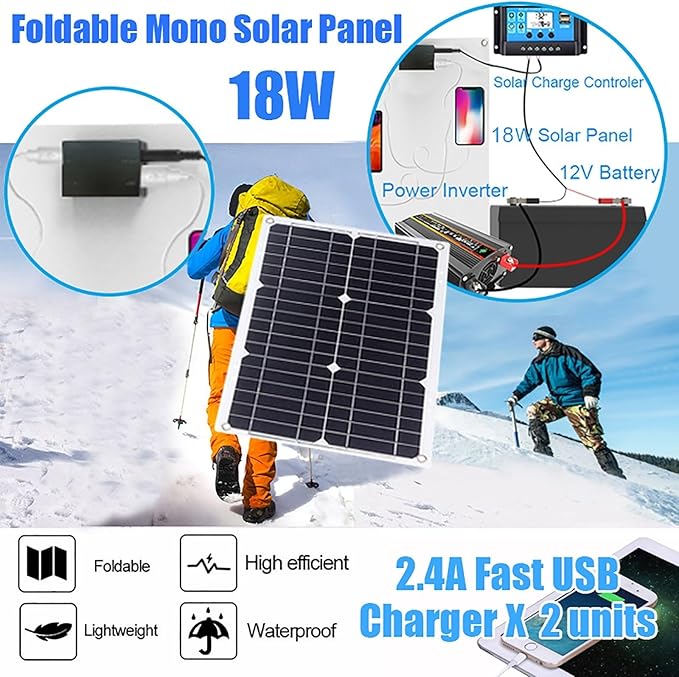 6000W Solar System Kit - 12V to 110V/220V Inverter, 18W Dual USB Solar Panel & 30A Charge Controller, Ideal for RV Camping, Off-Grid Power Supply, Outdoor Travel (Black)