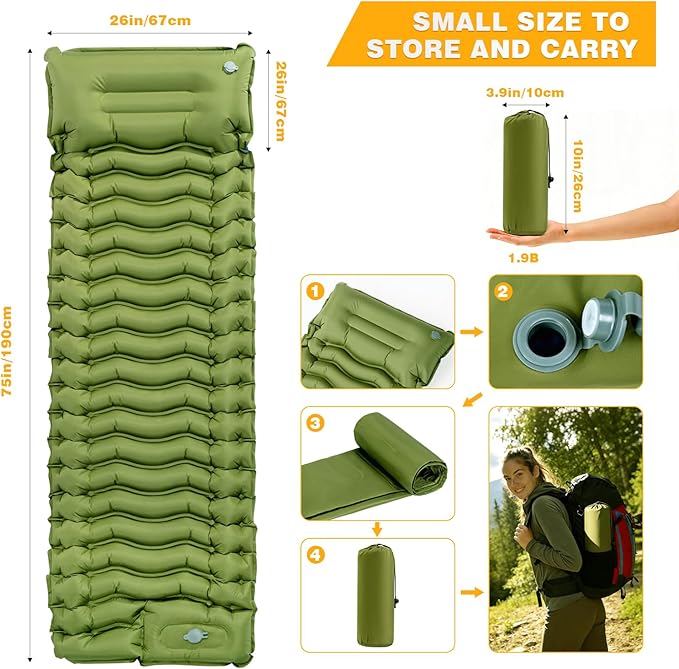 Camping Sleeping Pad, Ultralight Camping Mat with Pillow, Built-in Foot Pump Inflatable Sleeping Pads Compact for Camping Backpacking Hiking Traveling Tent, Single