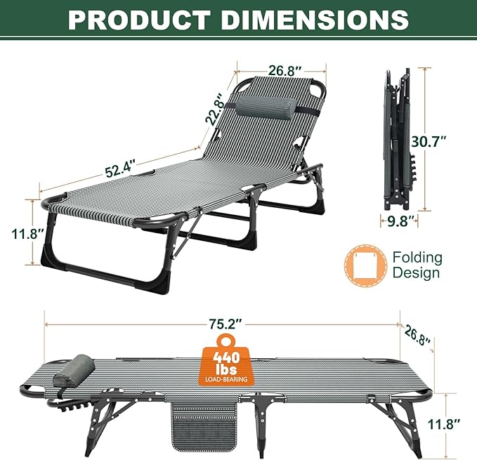 LILYPELLE Folding Outside Chaise Lounge Chair with Mattress, 5 Position Adjustable Patio Folding Lounge Chair Reclining Chairs Perfect for Sunbathing, Camping, Pool, Beach, Patio
