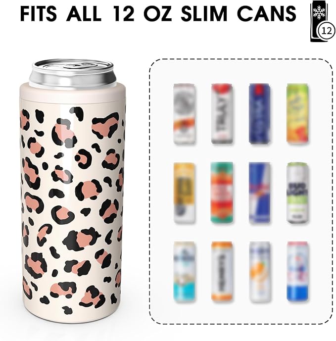 TILUCK Skinny Can Cooler for Slim Beer & Hard Seltzer, Stainless Steel, Doucle-Walled Stainless Steel Insulated Slim Cans, Standard 12 oz (Leopard Print)