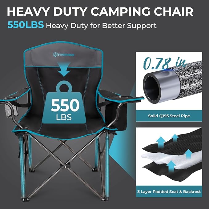 FUNDANGO Oversized Camping Chair for Adults,550lbs Heavy Duty Foldable Portable Lawn Chair with Padded Seat & Back, 4-can Cooler & Cup Holder, Carry Bag Included for Outdoor (Black/Grey)