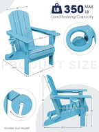 KINGYES Folding Adirondack Chair Set of 2, Dual Cup Holders & All-Weather HDPE, Wood-Like Patio Chair for Backyard, Camping, Pool & Fire Pit, Light Blue
