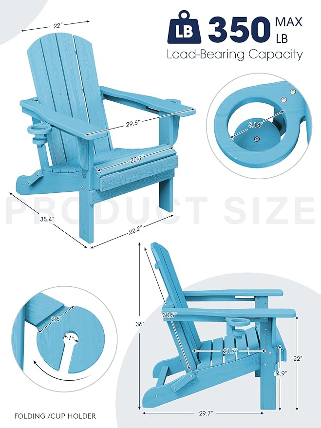 KINGYES Folding Adirondack Chair Set of 2, Dual Cup Holders & All-Weather HDPE, Wood-Like Patio Chair for Backyard, Camping, Pool & Fire Pit, Light Blue