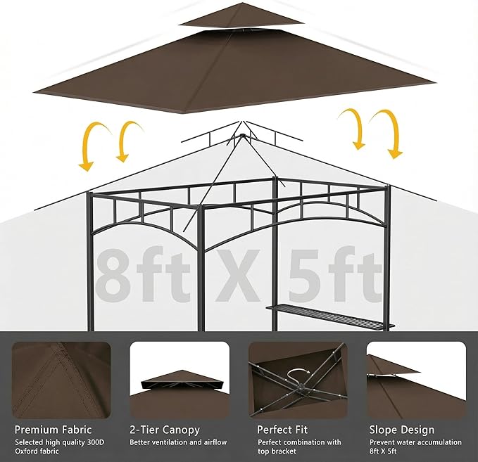 Grill Gazebo Replacement Canopy Top Only - 5' x 8' Outdoor BBQ Gazebo Canopy Roof, Waterproof Double Tiered Shelter Cover Fit for Model L-GG001PST-F (Coffee, 5x8)