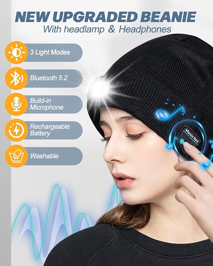 Bluetooth Beanie with Light, USB Rechargeable LED Headlamp Winter Hat, Men Women Valentine's Day Gifts