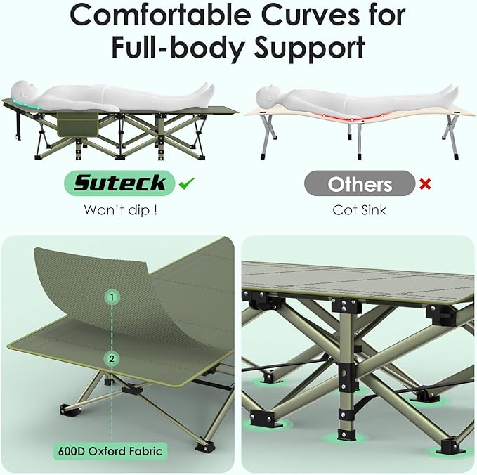 Suteck Camping Cot, Folding Camping Cot Bed for Adults Sleeping 1200D Double Layer Oxford Portable Folding Outdoor Cots for Camping W/Soft Pad Carry Bag for Home Office Nap Beach Travel, 500LBS