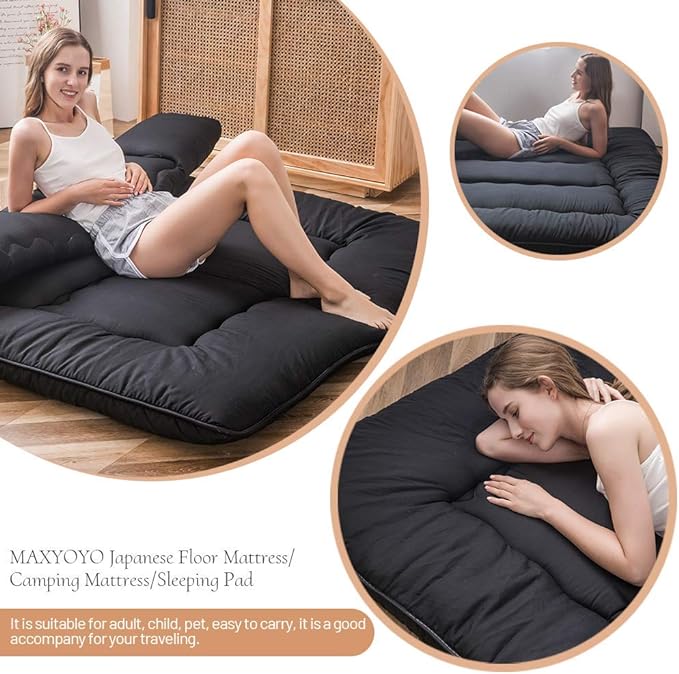 MAXYOYO Japanese Floor Mattress Futon Mattress, 4" Thicken Tatami Mat Sleeping Pad Foldable Roll Up Mat Boys Girls Dormitory Pad Kids Floor Lounger Pillow Bed, Black, Twin Size
