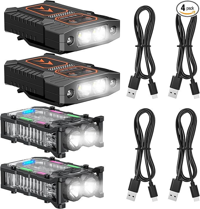 Pawfly 4 Pack Clip-on Flashlight, LED Rechargeable Hat Clip Light, Cap Lights Clip-on with COB Side Light, Ultra Bright Cap Lights Clip on Hat for Fishing Camping & Hiking