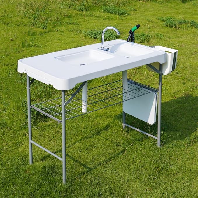 Garvee Fish Cleaning Table with Dual Sink, Portable Folding Camping Table with Foldable Faucet, Sprayer, Grid Rack & Foldable Storage Box, Outdoor Sink Station for Picnic Beach Patio