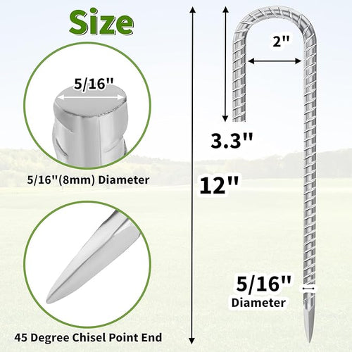 12 Inch Ground Stakes Heavy Duty J Hook 60-Pack Metal Spikes Galvanized Ground Hooks Anchors Rebar Ground Stakes for Fence Tent Gazbo Bounce House and Outdoor Decorations Inflatables