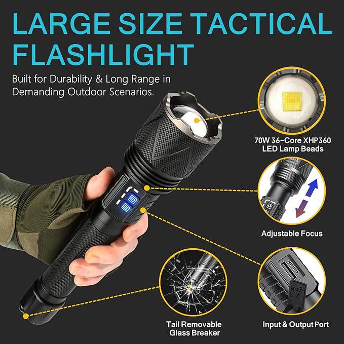 Rechargeable Flashlight 10,000 High Lumens, 70W XHP360 LED Super Bright Tactical Zoomable Flashlights with USB Output, Large Capacity Powered Waterproof Flash Light for Emergencies, Camping, Hunting